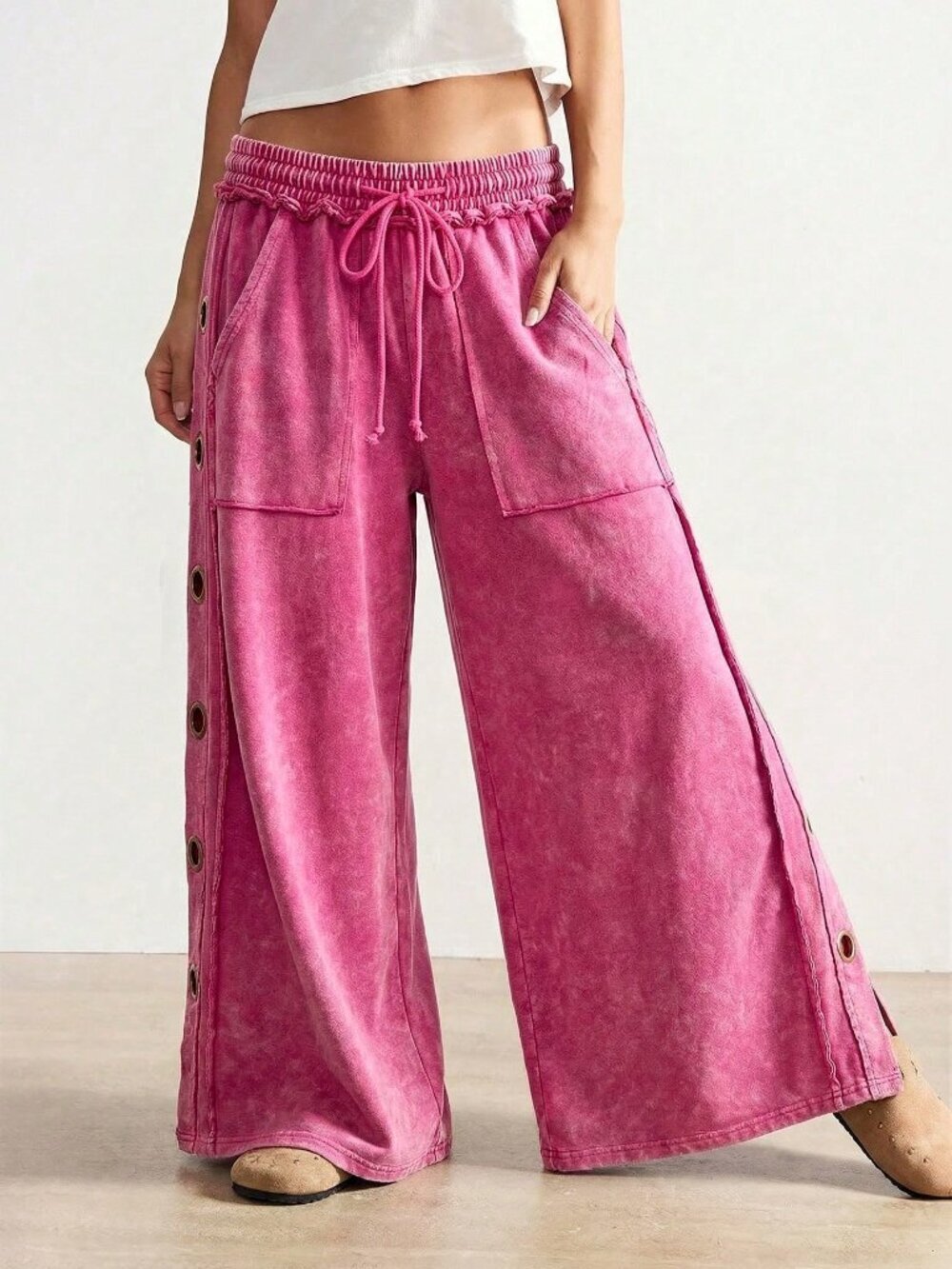 Hot Pink Casual Women's Knit Wide Leg Sweatpants - Picture 7 of 8